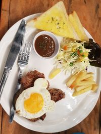 High angle view of breakfast served on table