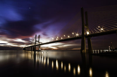 Low angle view of suspension bridge at night