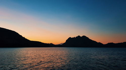 Scenic view of lake against clear sky during sunset