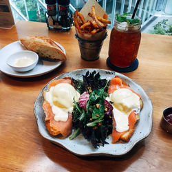 High angle view of breakfast served on table