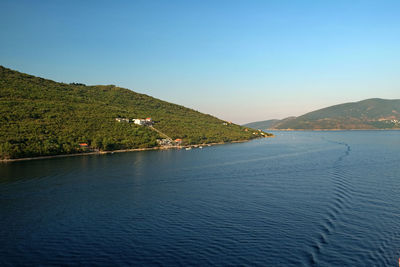 Scenic view of lake against clear blue sky