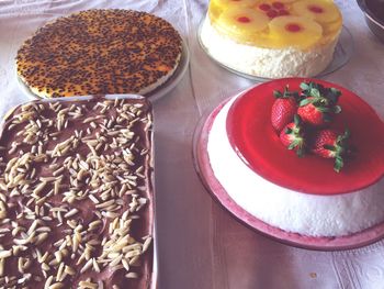 High angle view of fresh cakes on table