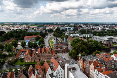 High angle shot of townscape against sky
