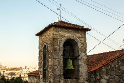 Low angle view of bell tower against clear sky