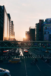 High angle view of cityscape against sky during sunset