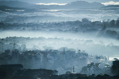 Aerial view of city in fog