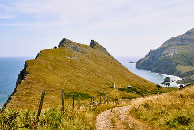 Scenic view of sea by mountain against sky