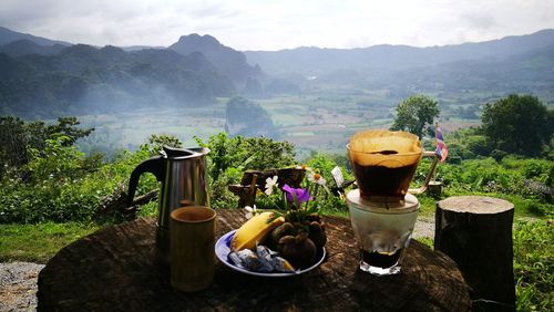 View of drink on landscape against mountain range