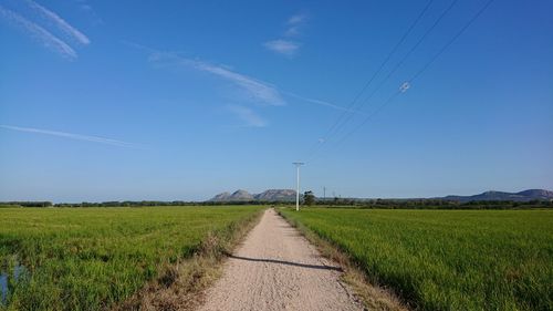 Dirt road amidst field against sky