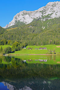 Scenic view of lake by mountain against sky