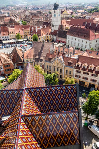 High angle view of buildings in city