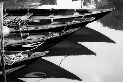 Boats moored in lake against sky