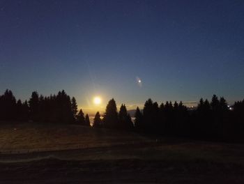 Silhouette trees on field against clear sky at night