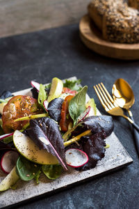 Close-up of food served on table