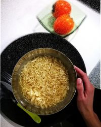 High angle view of hand holding food in plate