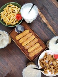 High angle view of breakfast on table