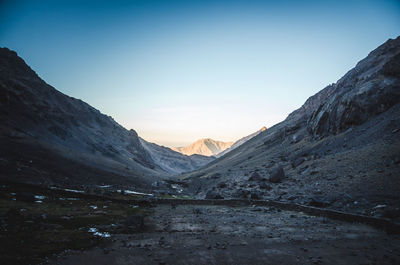 Scenic view of mountains against sky during sunset