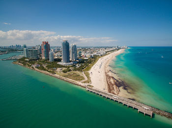 Panoramic view of sea and buildings against sky