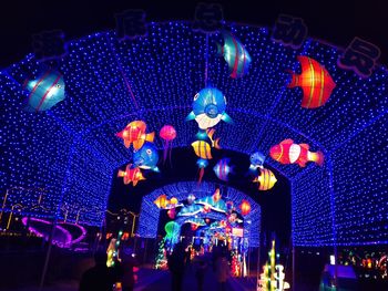 Crowd at illuminated amusement park ride at night