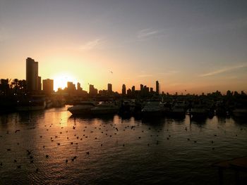 Silhouette buildings in city at sunset