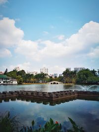Reflection of building in lake against sky