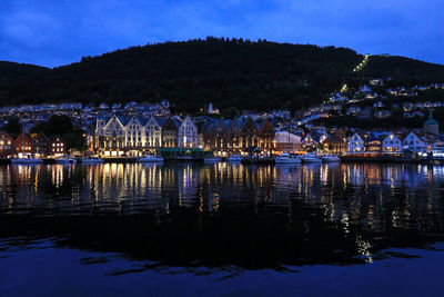 Illuminated buildings in water