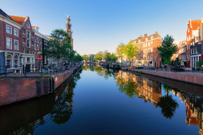 Reflections in the prinsengracht canal on a quiet sunny summer morning.