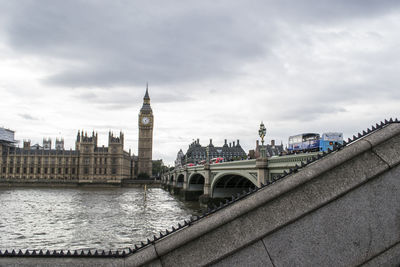 View of bridge over river with city in background