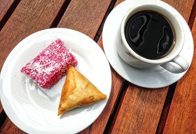 High angle view of breakfast on table