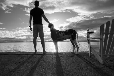 Rear view of man with dog standing by sea against sky