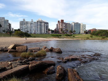 View of river with city in background