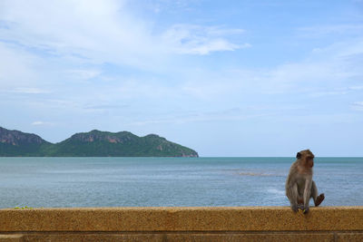 Scenic view of sea by mountain against sky