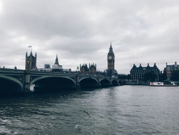 Bridge over river in city against cloudy sky