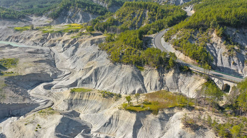 Aerial view of dry bed of ainsa lake