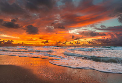 Scenic view of beach against sky during sunset