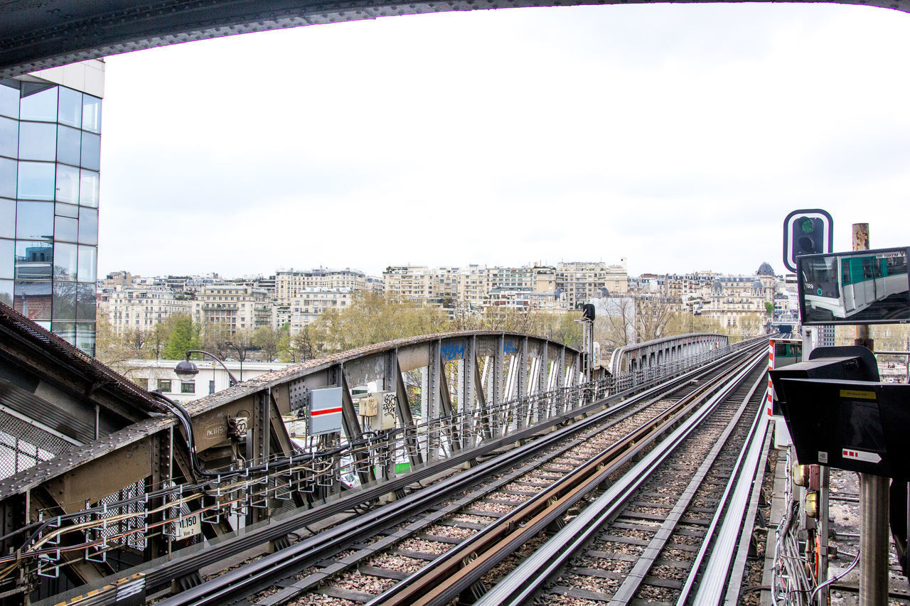 RAILROAD TRACKS IN CITY AGAINST CLEAR SKY