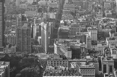 High angle view of modern buildings in city