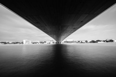 Bridge over river against sky in city