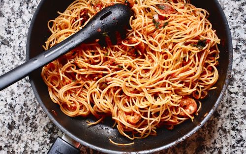 High angle view of noodles in plate