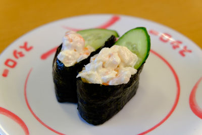 Close-up of sushi served in plate