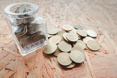 High angle view of coins on table