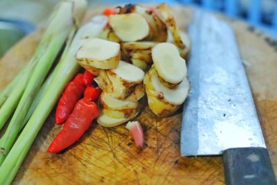 Close-up of chopped vegetables on cutting board