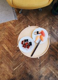 High angle view of breakfast on table