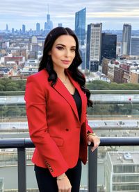 Portrait of young woman standing in city