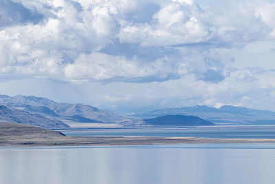 Scenic view of lake and snowcapped mountains against sky