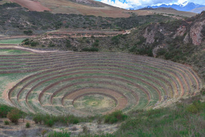 High angle view of old ruins on field