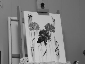 Potted plant in vase against wall at home