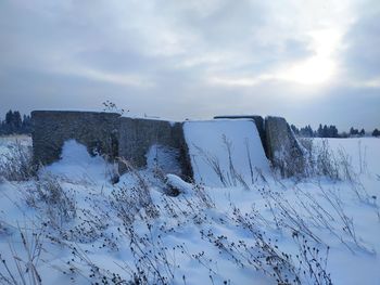 Scenic view of snow covered field against sky