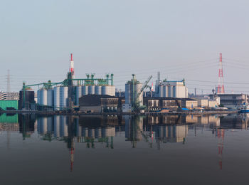 Reflection of buildings in river against clear sky