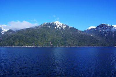 Scenic view of sea by mountains against blue sky